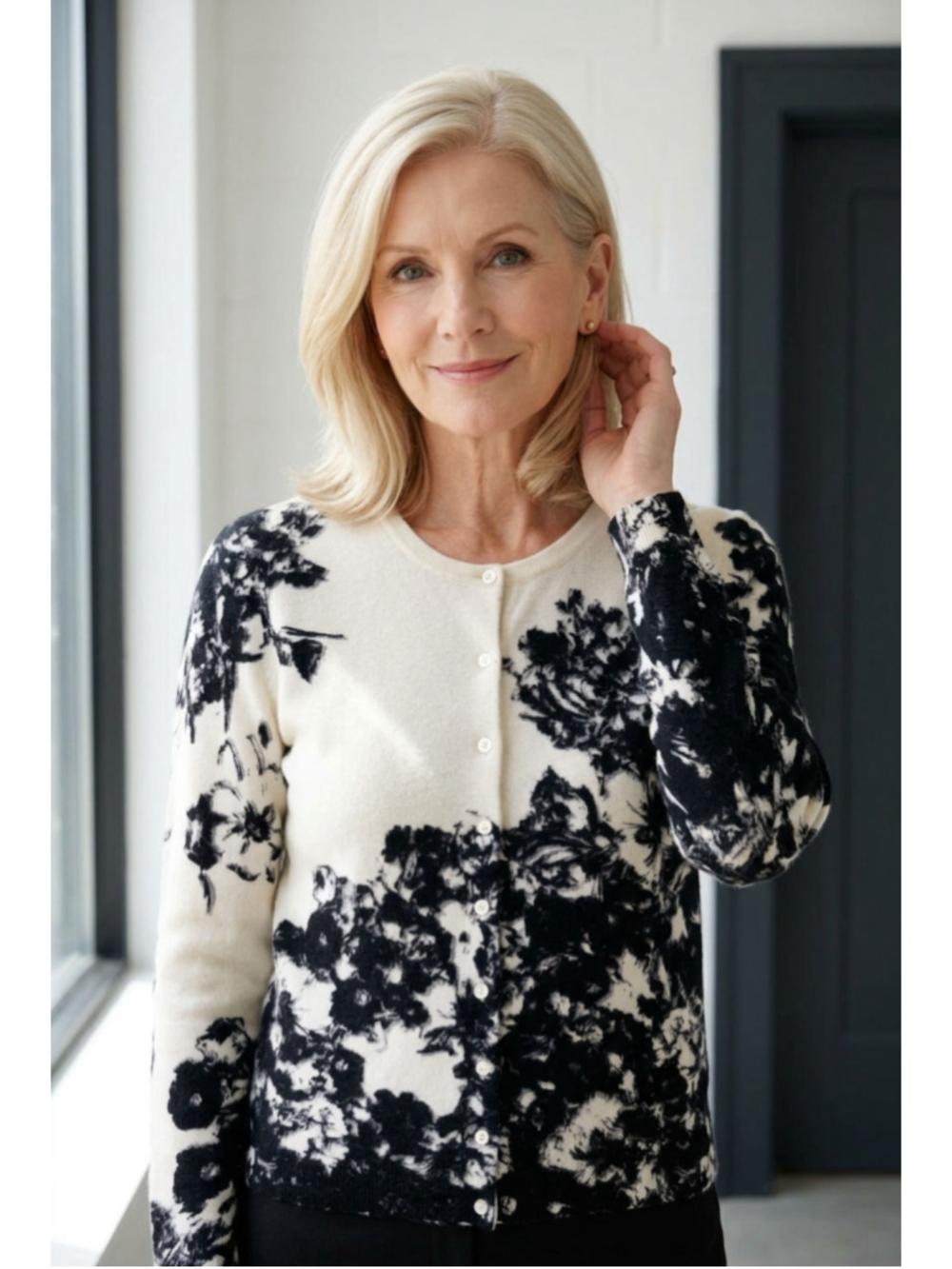 Lord & Taylor 100% Cashmere Black & White Floral Cardigan Sweater